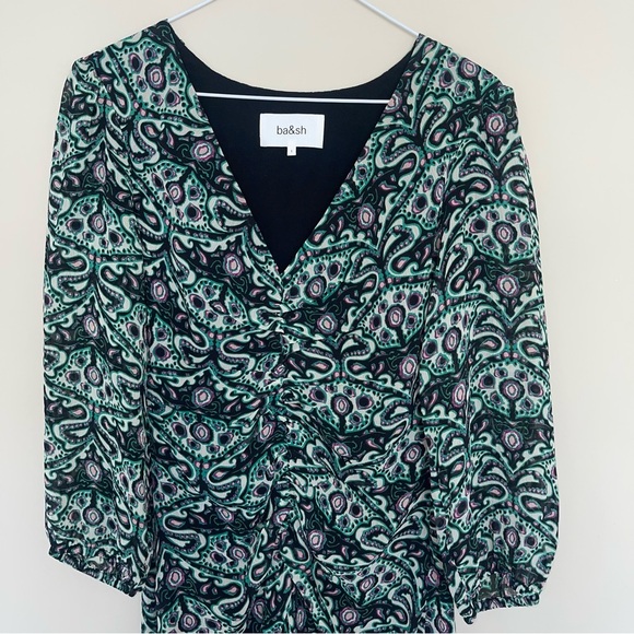 Ba&sh Fanny Mini Dress Size 1 (US S) Shirred Chiffon Paisley Print V Neck NEW! - Picture 6 of 9